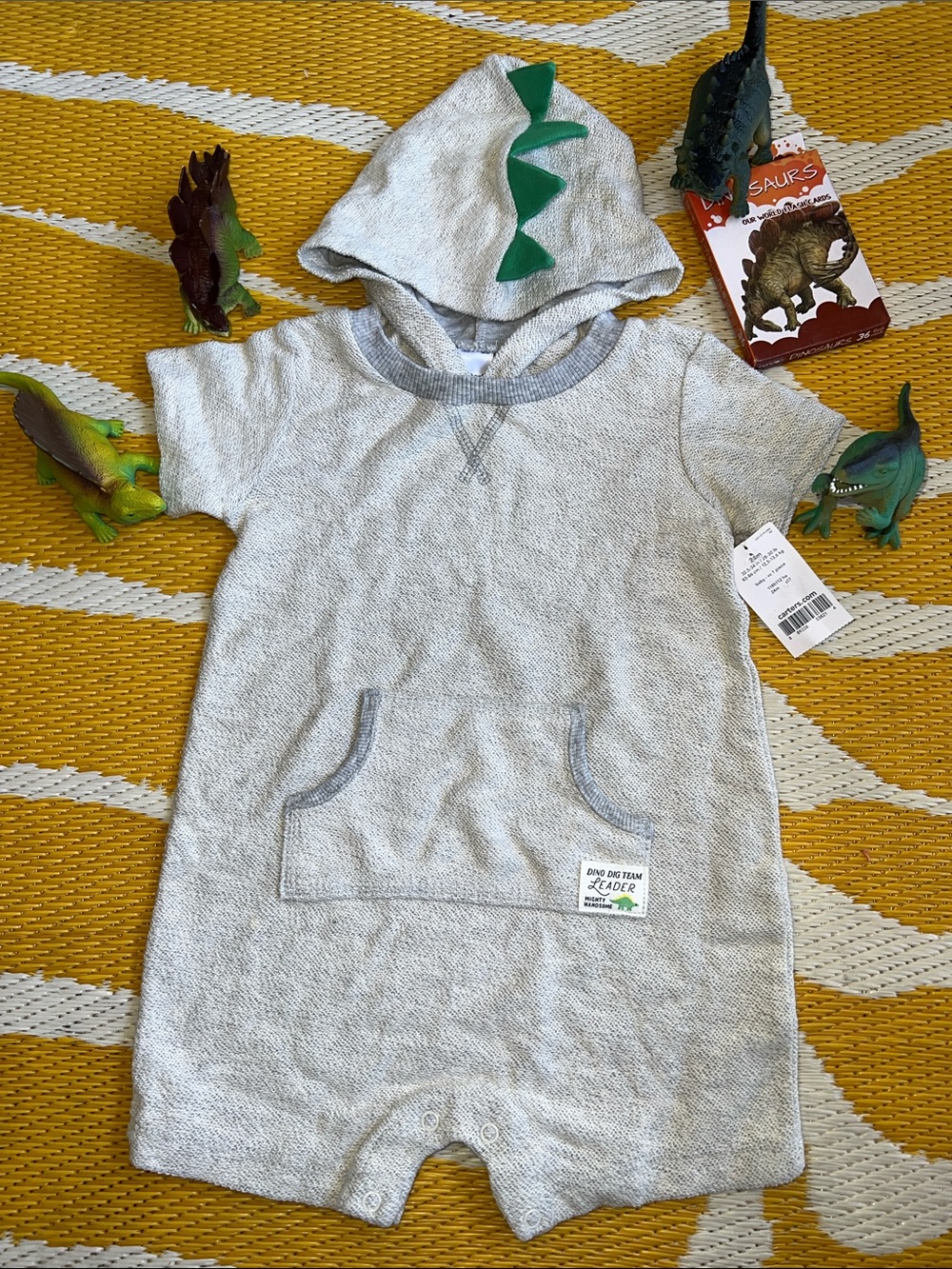 Carter’s Gray Hooded Dinosaur Romper Green Spike Detail,toys,&flash card bundle